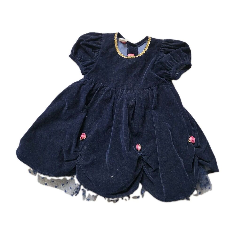 VTG Jenny Annie Dolls Navy Blue Velvet Rose Puff Sleeve Party Dress Girls 2T GUC